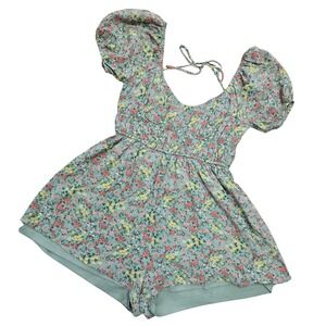 Alter'd State Floral Puff Sleeve Smocked Romper Shorts Light Green Women's S